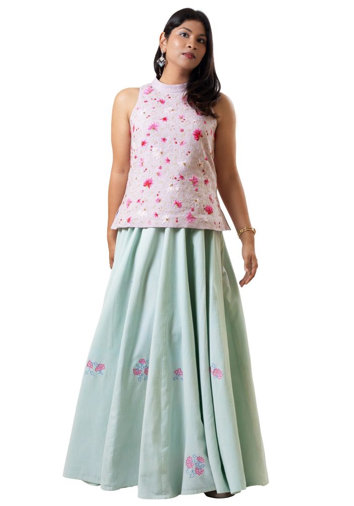 MINC ecofriendly couture Ankle Length Embroidered Light Blue Khadi Cotton Lehenga