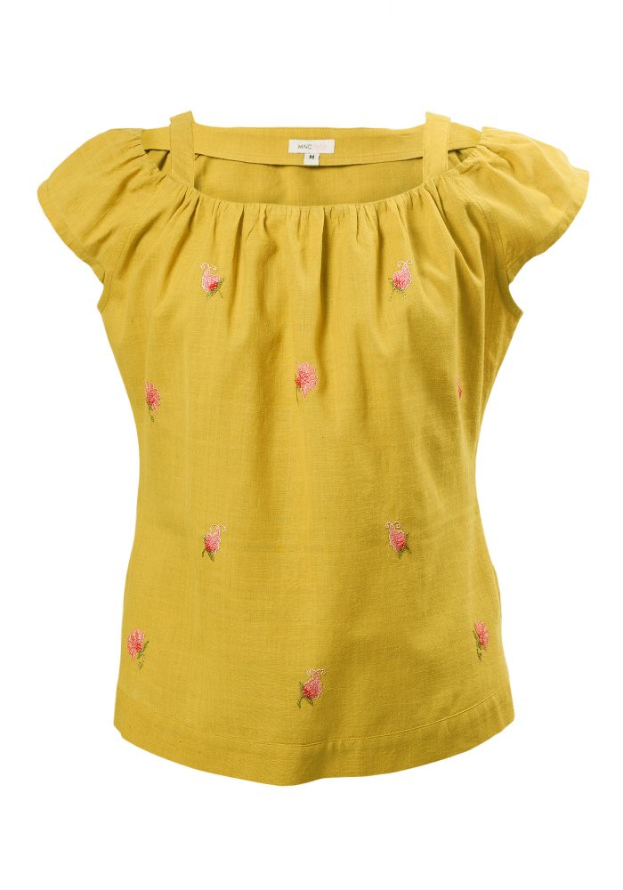 MINC Petite Blossoms Girls Embroidered Top In Yellow Khadi Cotton