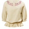 MINC Petite Boatneck Gathered Embroidered Ruffle Top In Yellow Khadi Cotton