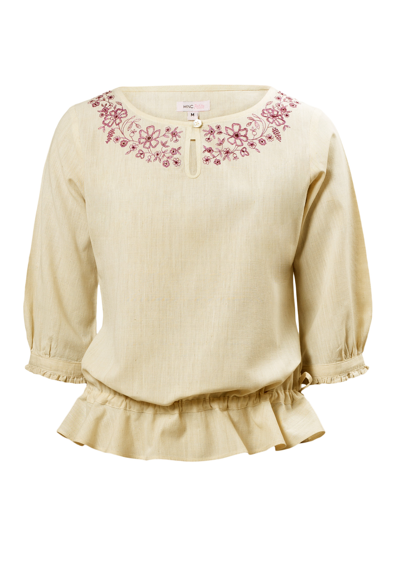 MINC Petite Boatneck Gathered Embroidered Ruffle Top In Yellow Khadi Cotton