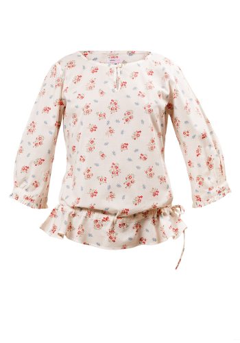MINC Petite Boatneck Gathered Ruffle Top in Printed Cotton