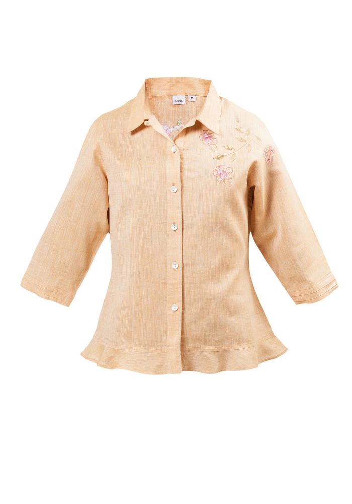 MINC Petite Embroidered Girls Classic Shirt in Yellow Khadi Cotton