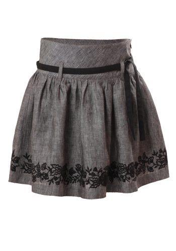 MINC Petite Embroidered Girls Classic Skirt in Grey Linen