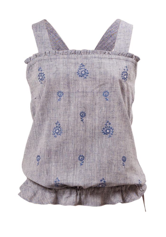 MINC Petite Embroidered Girls Halter Top in Aqua Blue Khadi Cotton