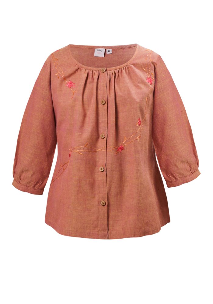 MINC Petite Embroidered Girls Shirt in Rust Red Khadi Cotton