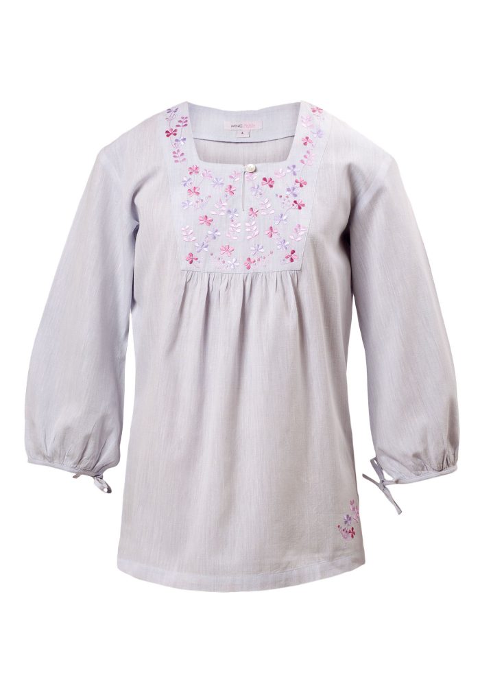 MINC Petite Embroidered Girls Top in Powder Blue Khadi Cotton