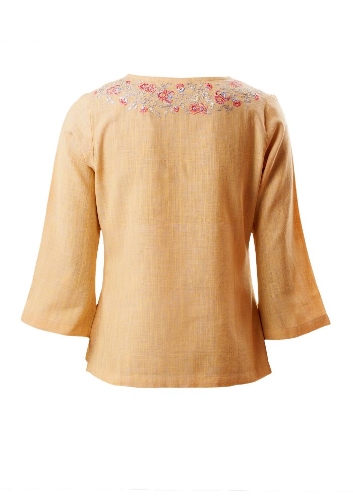 MINC Petite Floral Embroidered Kurti Top in Yellow Khadi Cotton