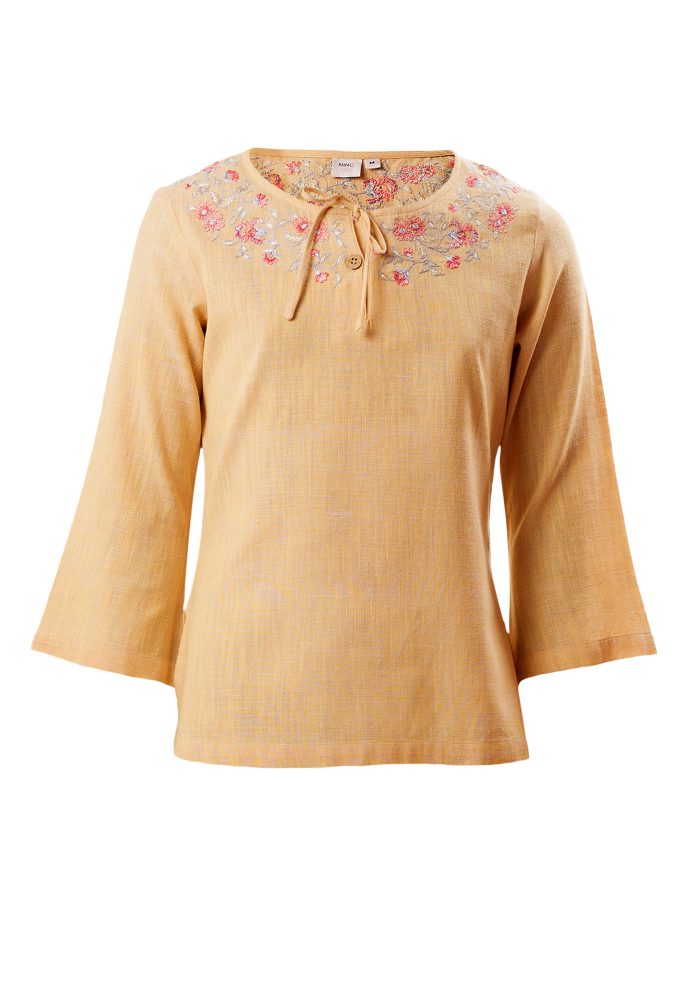 MINC Petite Floral Embroidered Top in Yellow Khadi Cotton