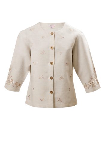 MINC Petite Girls Button Down Embroidered Jacket in Off White Linen