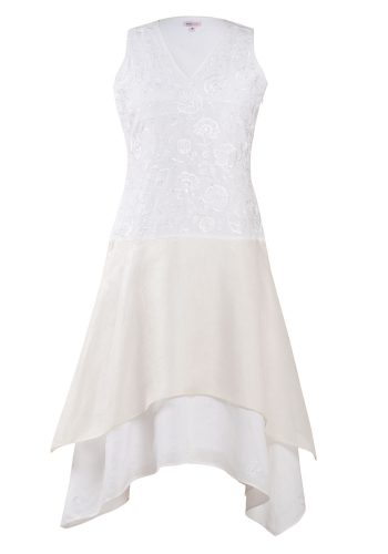 MINC Petite Girls Embroidered Dress in White Cotton Linen and Silk