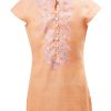 MINC Petite Girls Embroidered Long Kurti Top In Orange Khadi Cotton