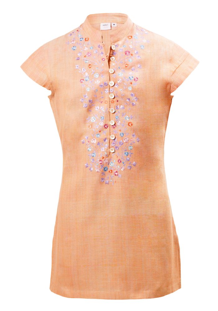 MINC Petite Girls Embroidered Long Kurti Top In Orange Khadi Cotton