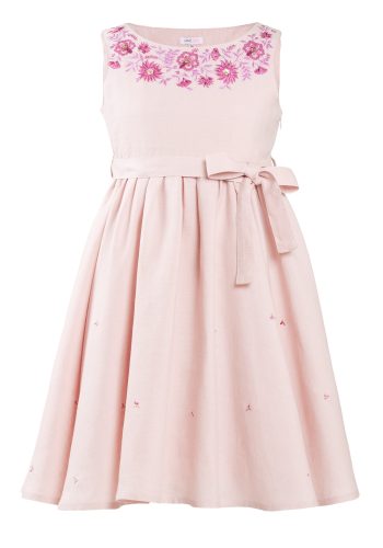 MINC Petite Girls Embroidered Short Dress in Lotus Pink Linen
