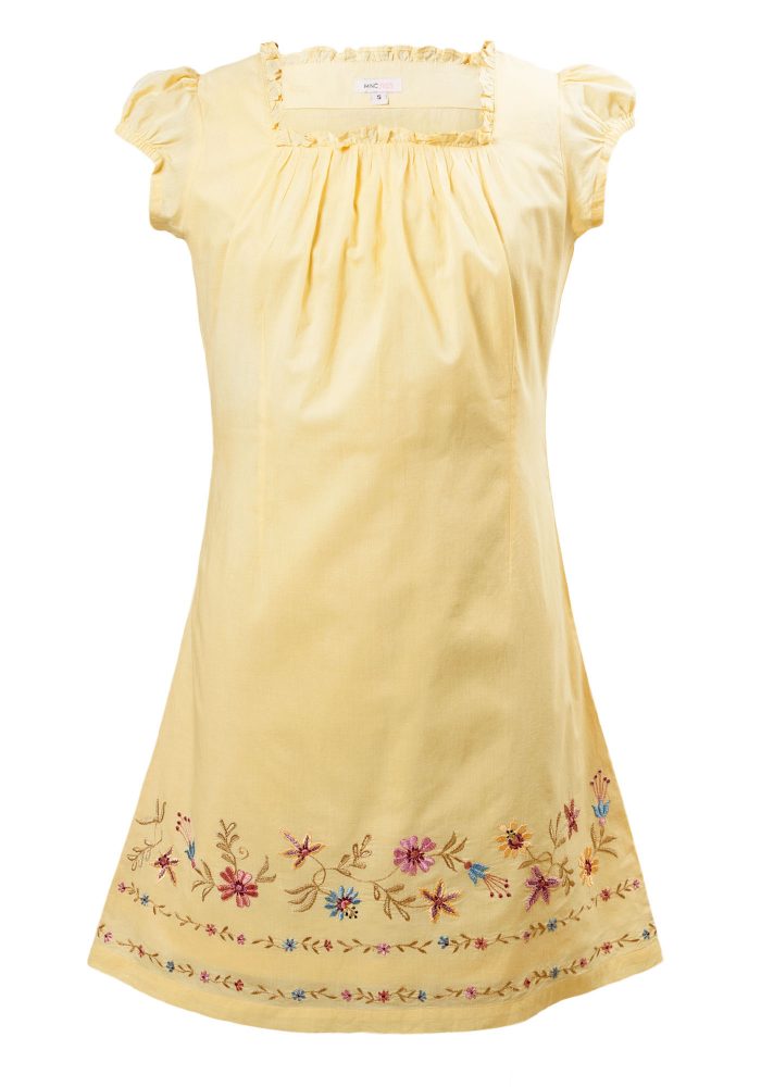 MINC Petite Girls Embroidered Short Dress in Yellow Cotton