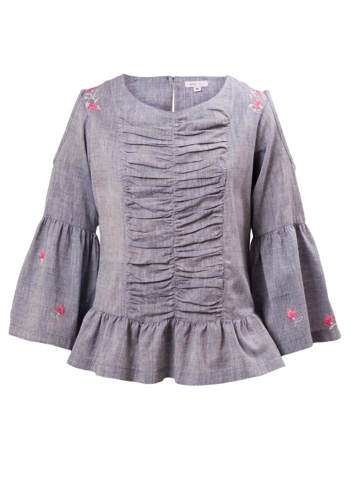 MINC Petite Hand Embroidered Cold Shoulder Top in Blue Khadi Cotton