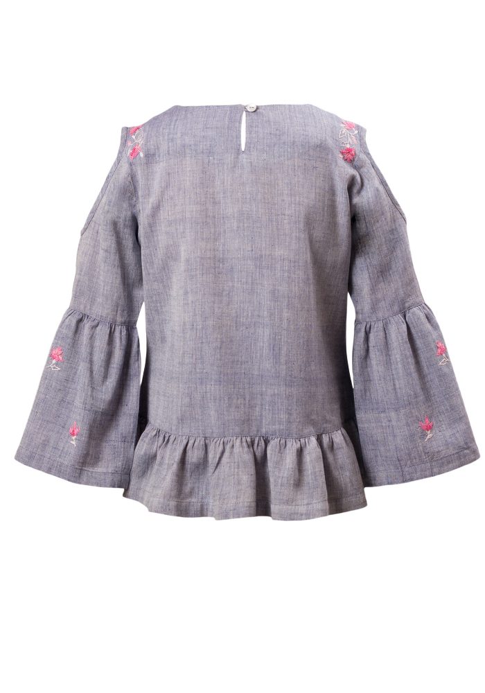 MINC Petite Hand Embroidered Cold Shoulder Top in Khadi Cotton