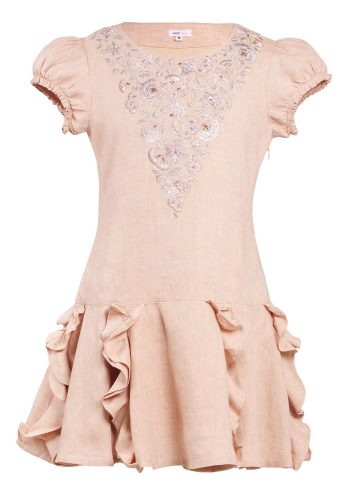 MINC Petite Preppy Girls Embroidered Dress in Dune Beige Linen