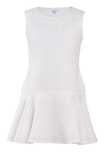 MINC Petite Preppy Girls Embroidered Dress in White Cotton Linen