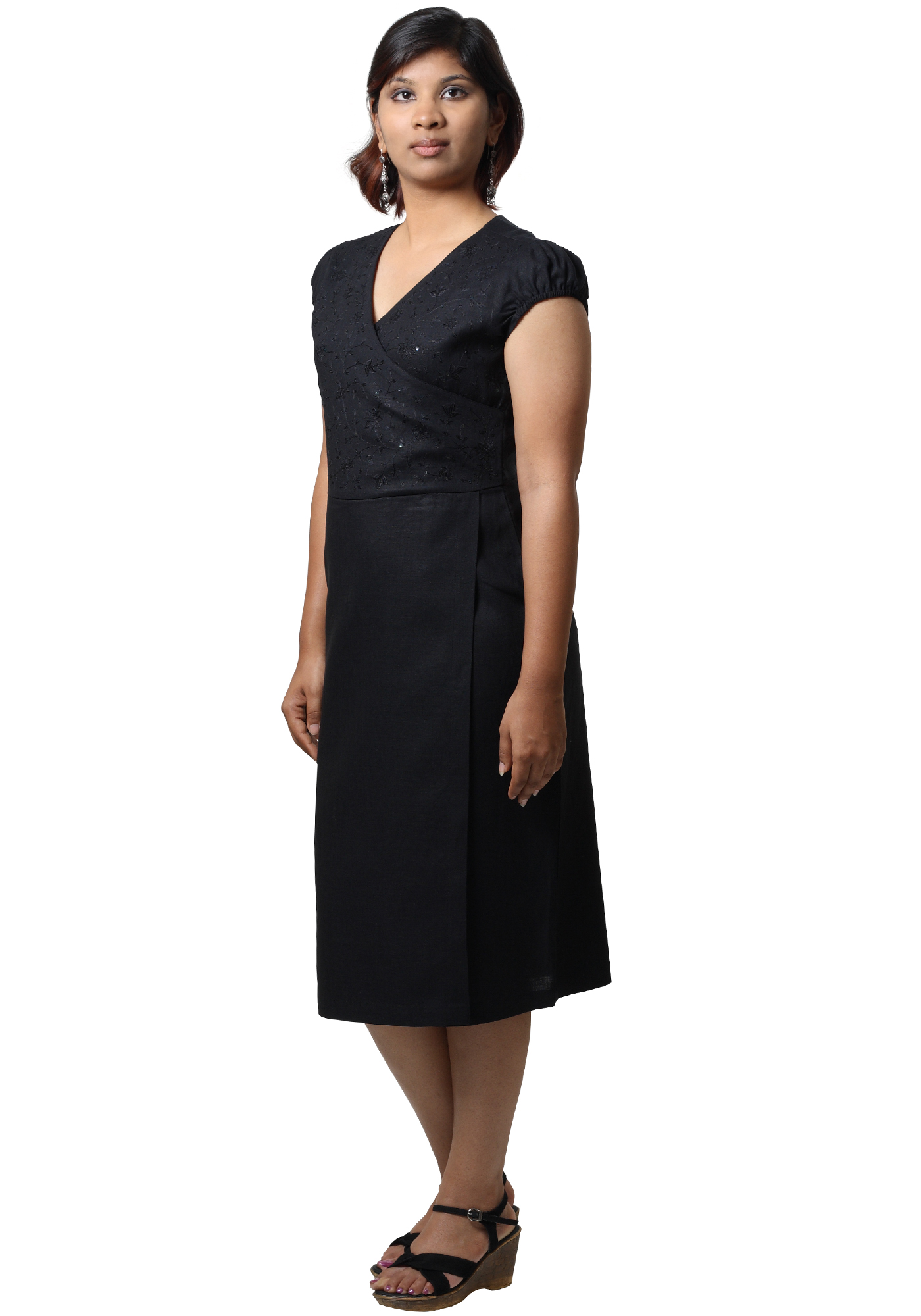 MINC Ecofriendly Womens Wear Asymmetric Embroidered Little Black Linen Dress