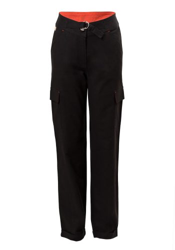 MINC Petite Athletic Girls Roll Back Cuff Trousers in Black Cotton Linen