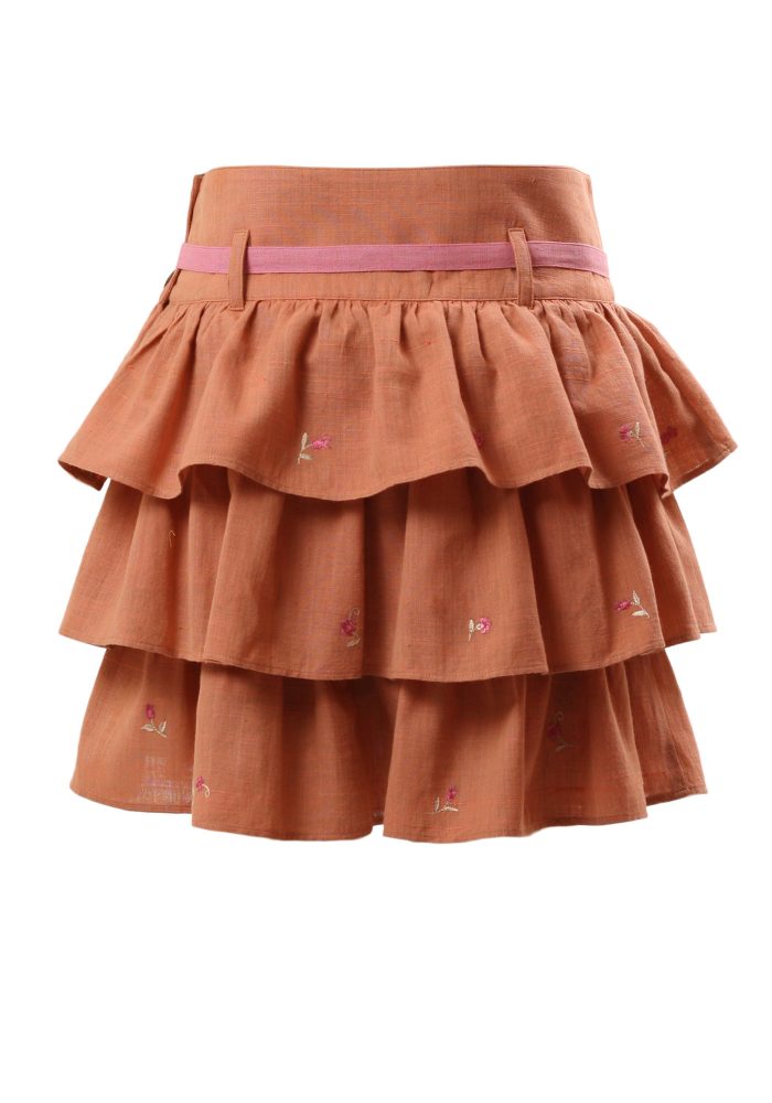 MINC Petite Cinnamon Tiered Girls Embroidered Skirt in Orange Khadi Cotton