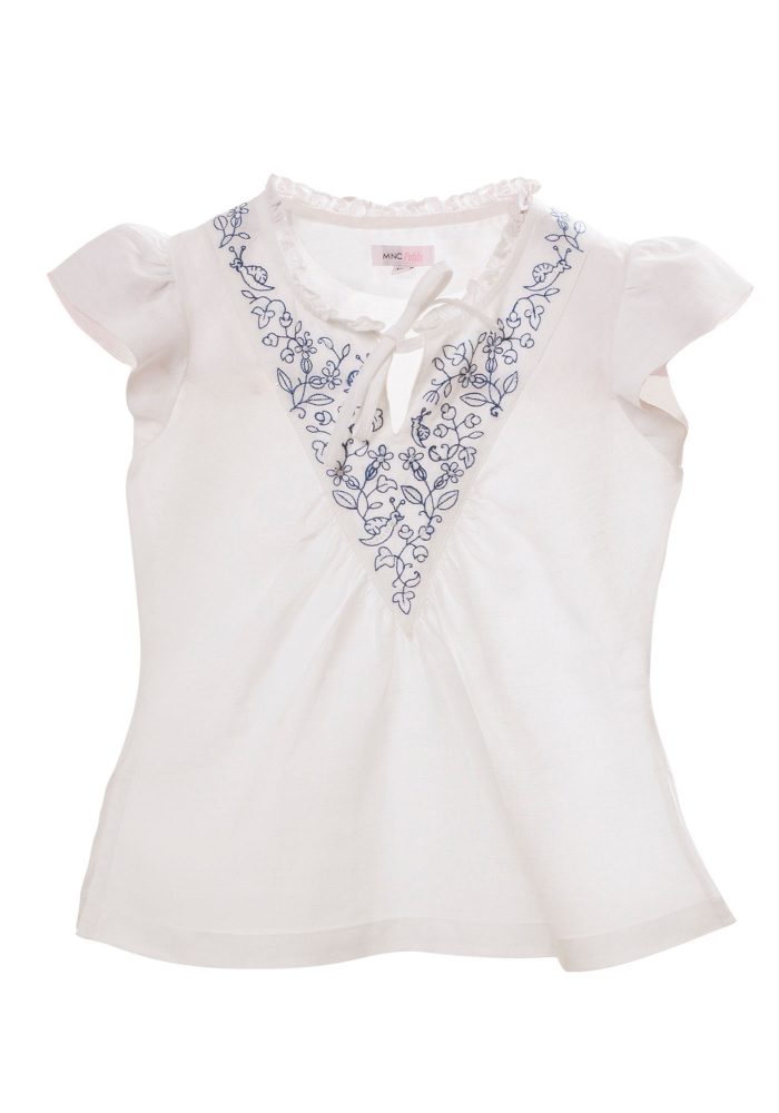 MINC Petite Embroidered Yoke Girls Top in White Cotton Linen