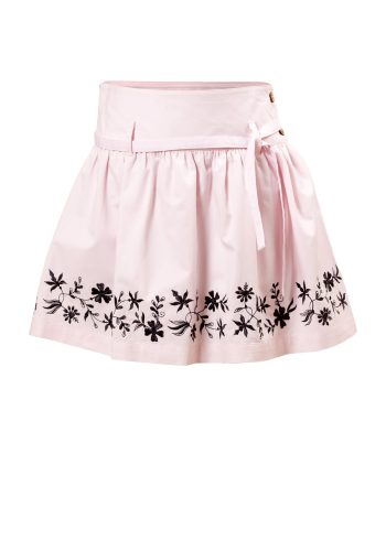 MINC Petite Girls Embroidered Skirt in Pink Cotton Twill