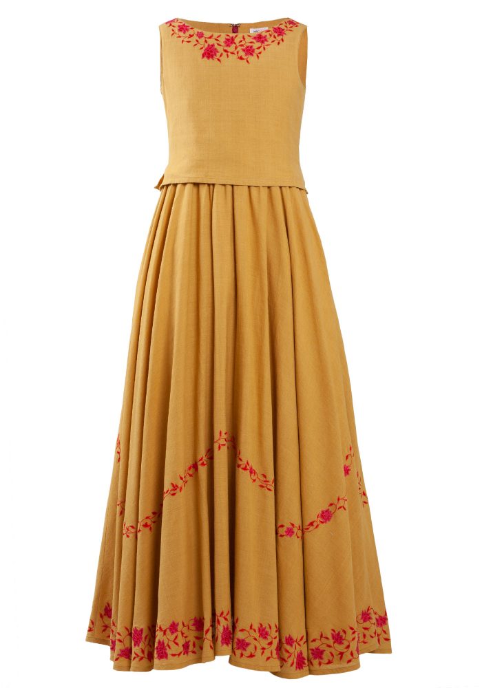 MINC Petite Princess Girls Embroidered Long Dress in Yellow Khadi Cotton