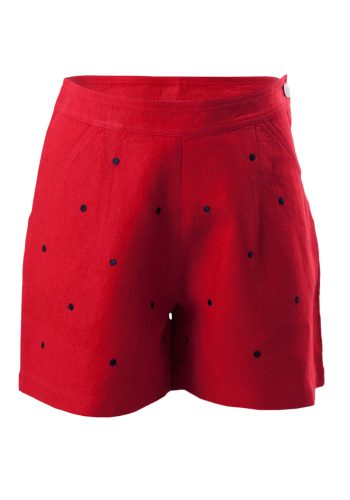 MINC Petite Strawberry Girls Embroidered Polka Dot Shorts in Red Linen
