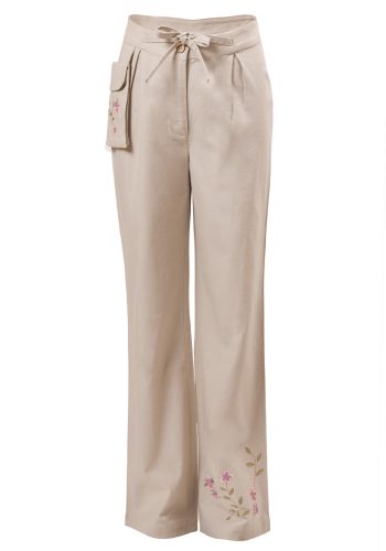 MINC Petite Sweet Pea Girls Embroidered Trousers in Off-White Cotton Linen