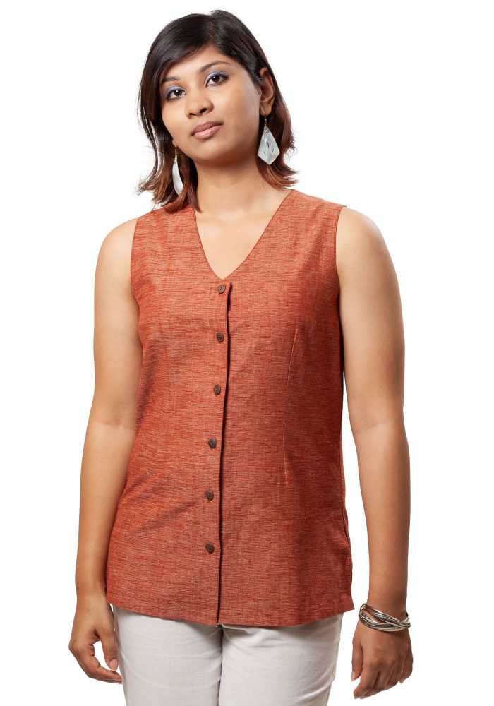 MINC Coture Slim Fit V-Neck Shirt in Brown Khadi Cotton