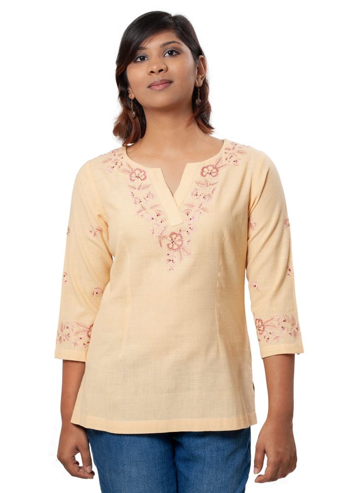 MINC Ecofriendly Embroidered Khadi Cotton Short Top in Sunshine Yellow