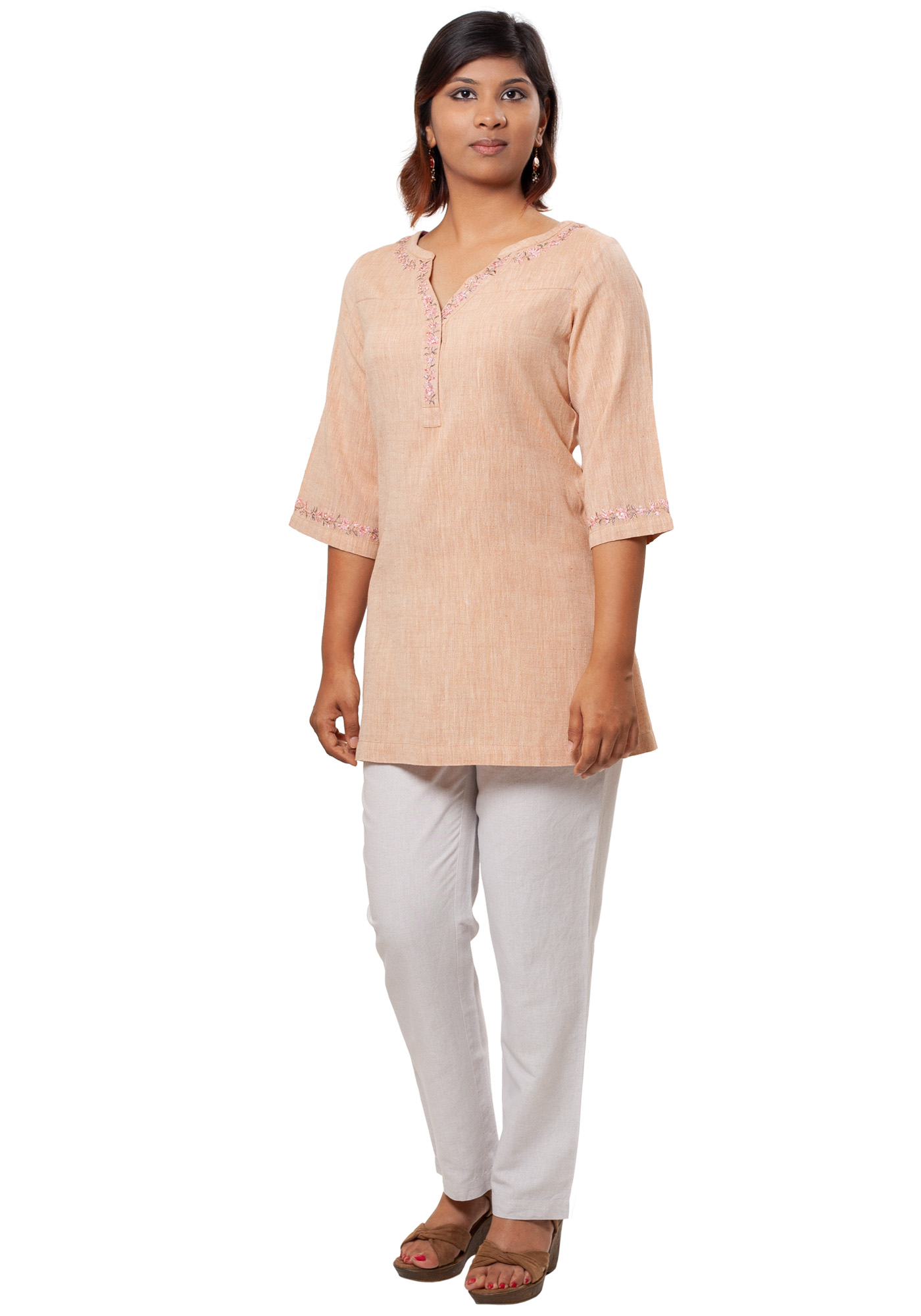 MINC Ecofriendly fashion Embroidered Kurti in Beige Khadi Cotton