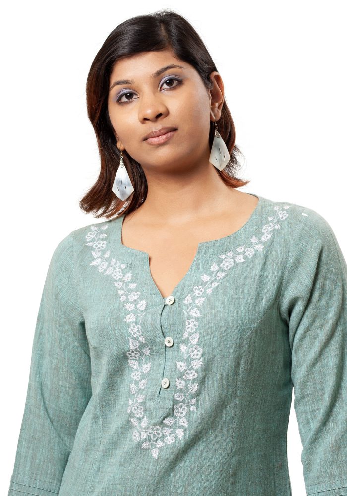 MINC Embroidered Khadi Cotton Top in Sea Green