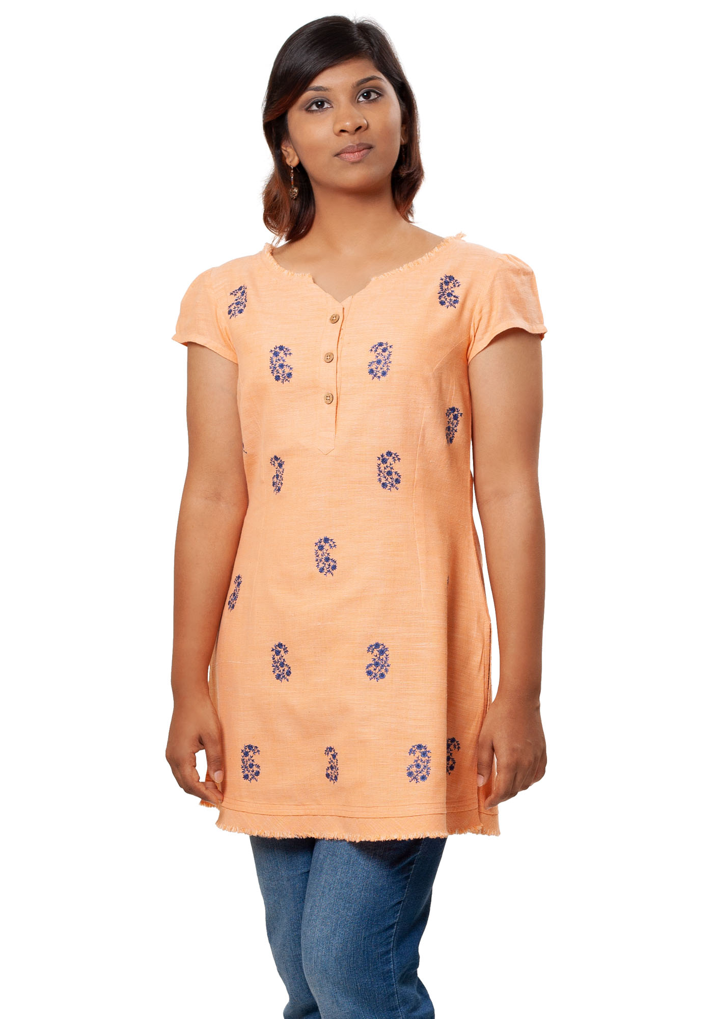 MINC Embroidered Kurti in Orange Khadi Cotton