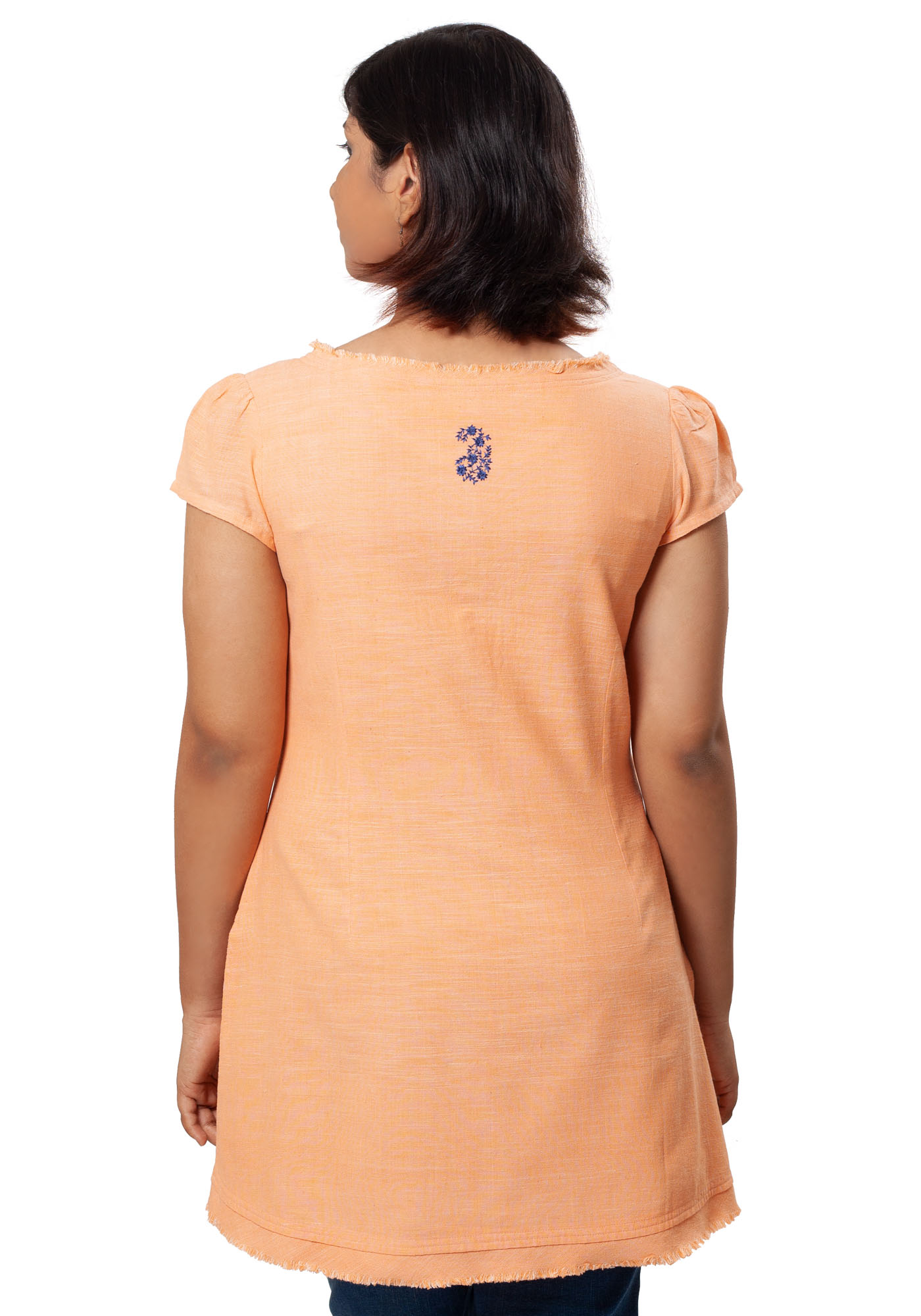 MINC Embroidered Short Kurti in Orange Khadi Cotton