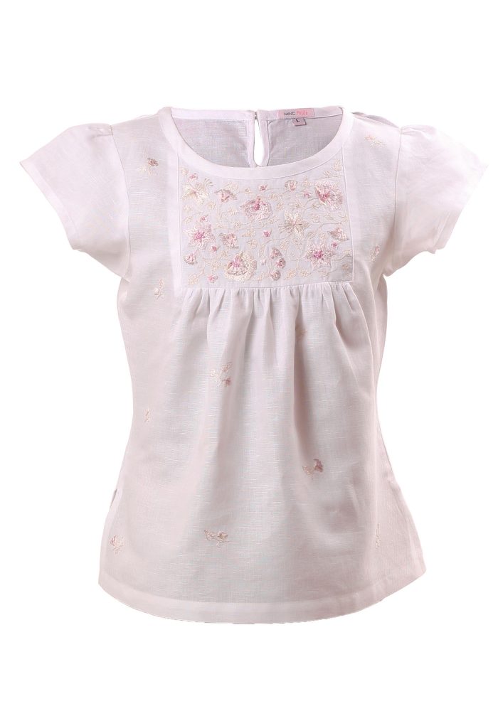 MINC Petite Floral Embroidered Girls Top in White Cotton Linen
