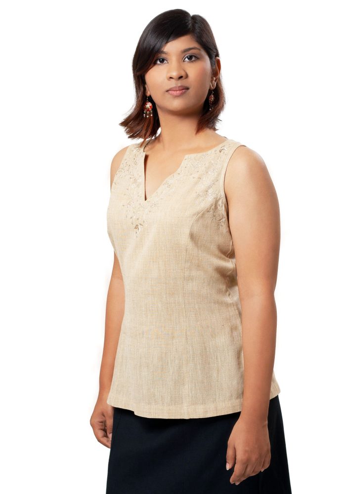 MINC Sleeveless Embroidered Short Top in Beige Khadi Cotton