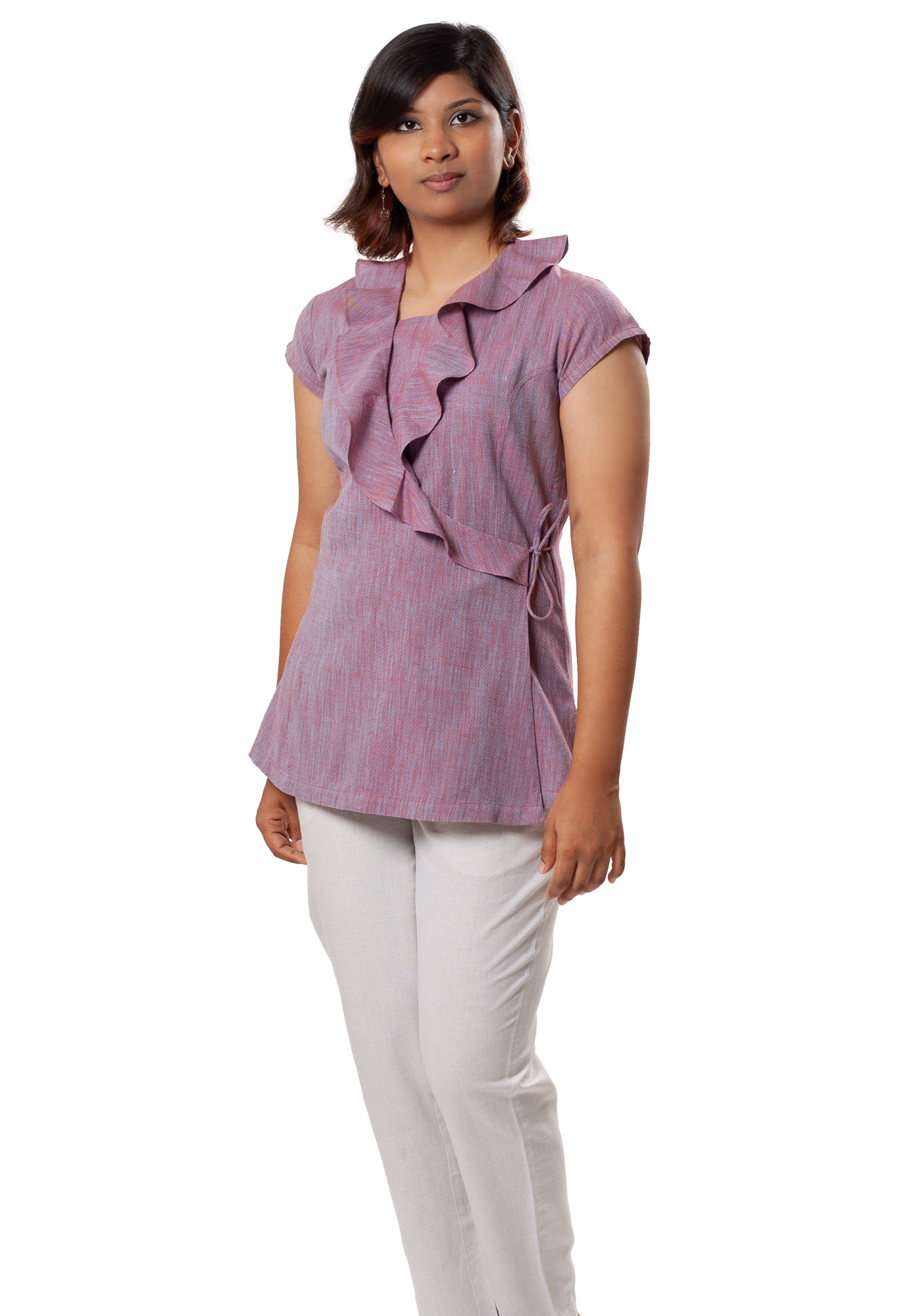 MINC Womens Asymmetric Ruffle Neck Top in Purple Khadi Cotton