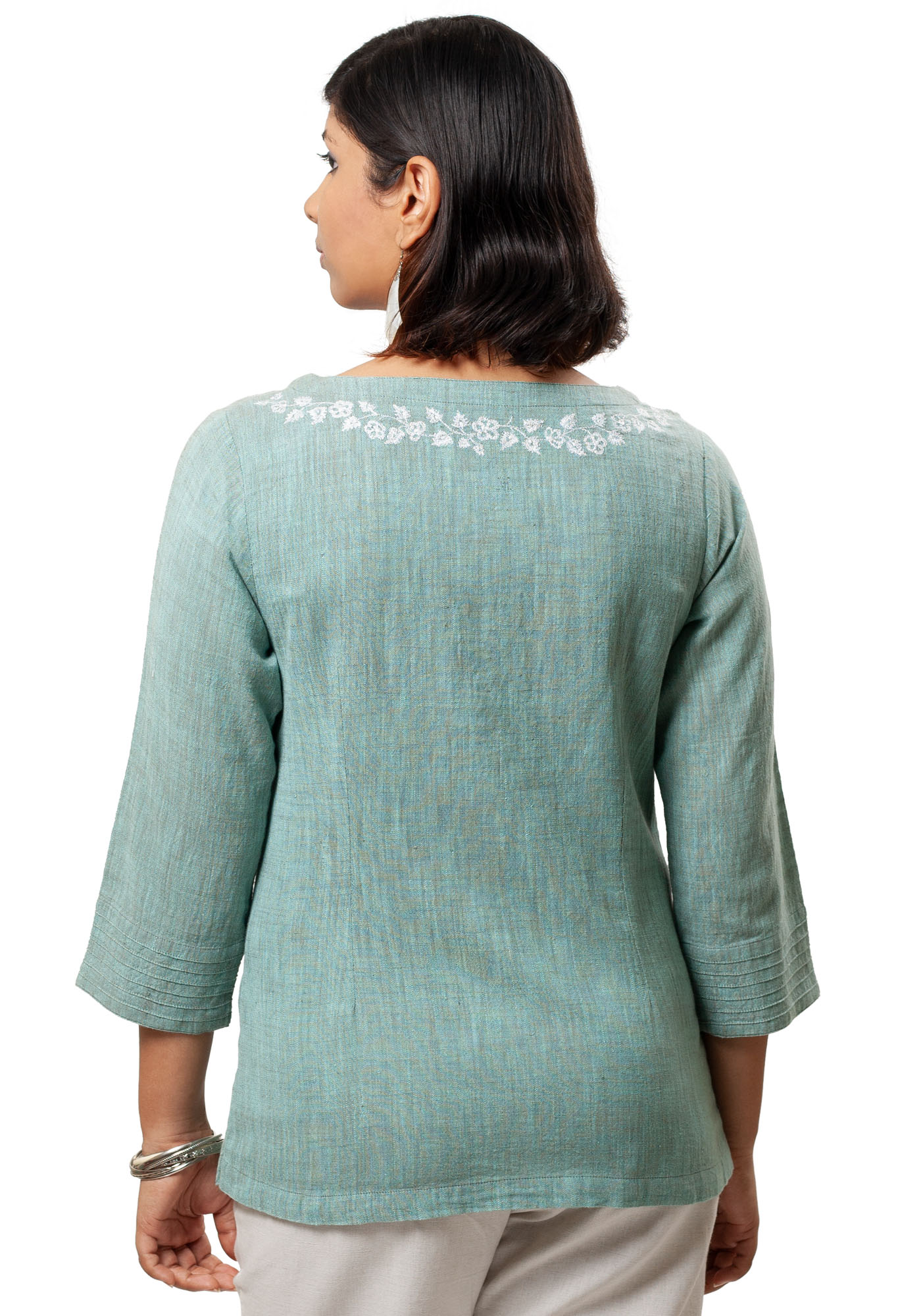 MINC Womens Couture Embroidered Khadi Cotton Kurti Top in Sea Green
