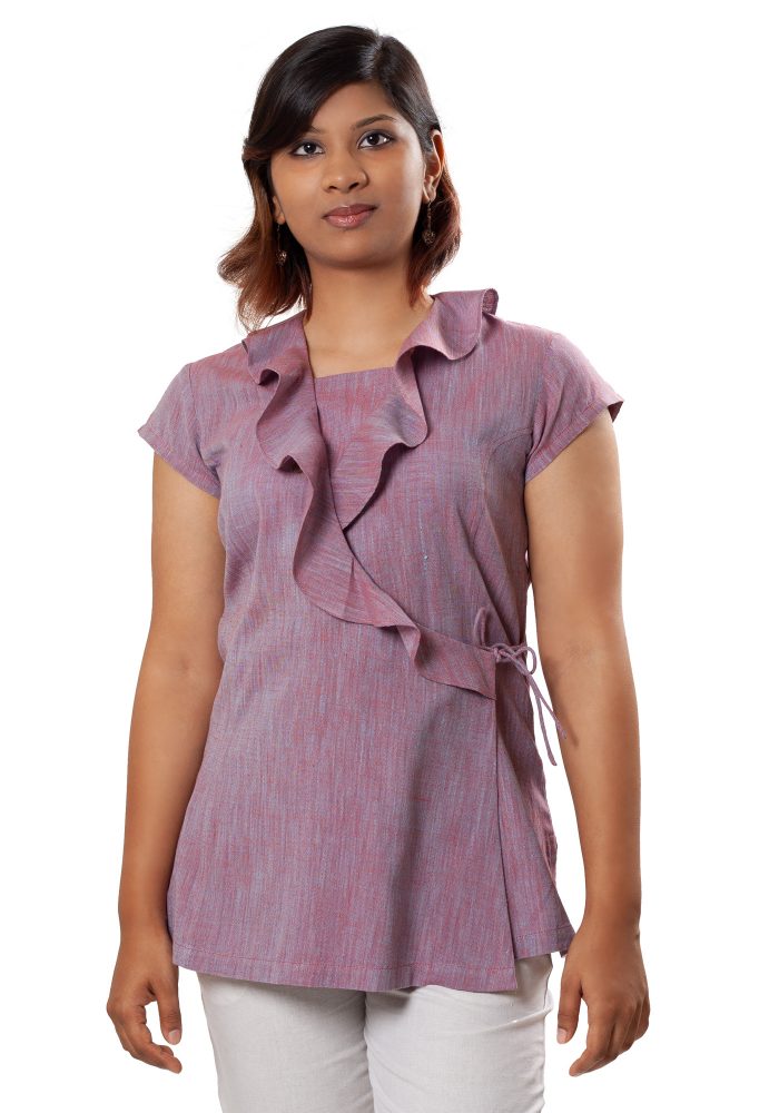 MINC Womens Ecofashion Asymmetric Ruffle Neck Top in Purple Khadi Cotton
