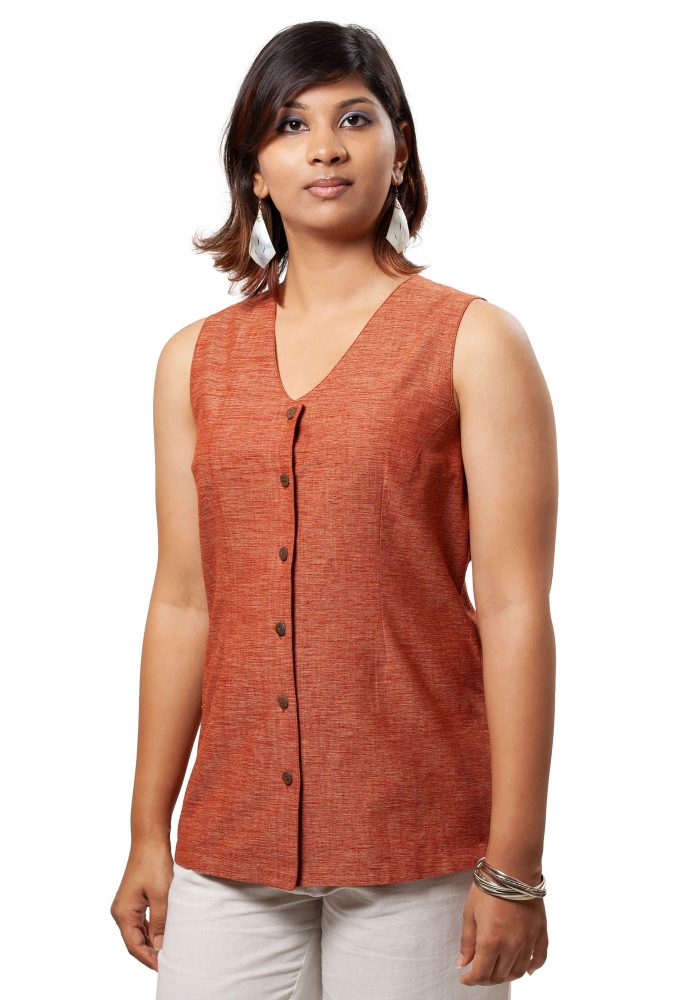 MINC Womens Formal Wear Slim Fit V-Neck Shirt in Brown Khadi Cotton