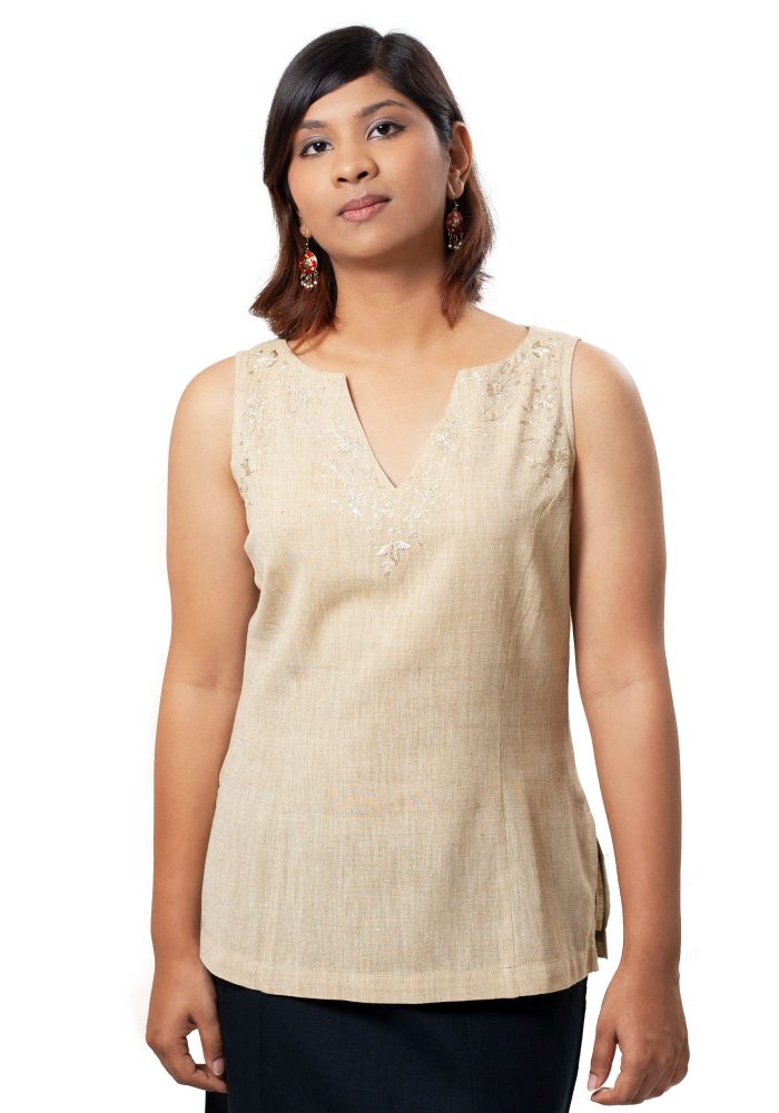 MINC Womens Sleeveless Embroidered Short Top in Beige Khadi Cotton