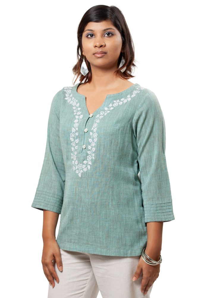 MINC ecofashion Embroidered Khadi Cotton Top in Sea Green