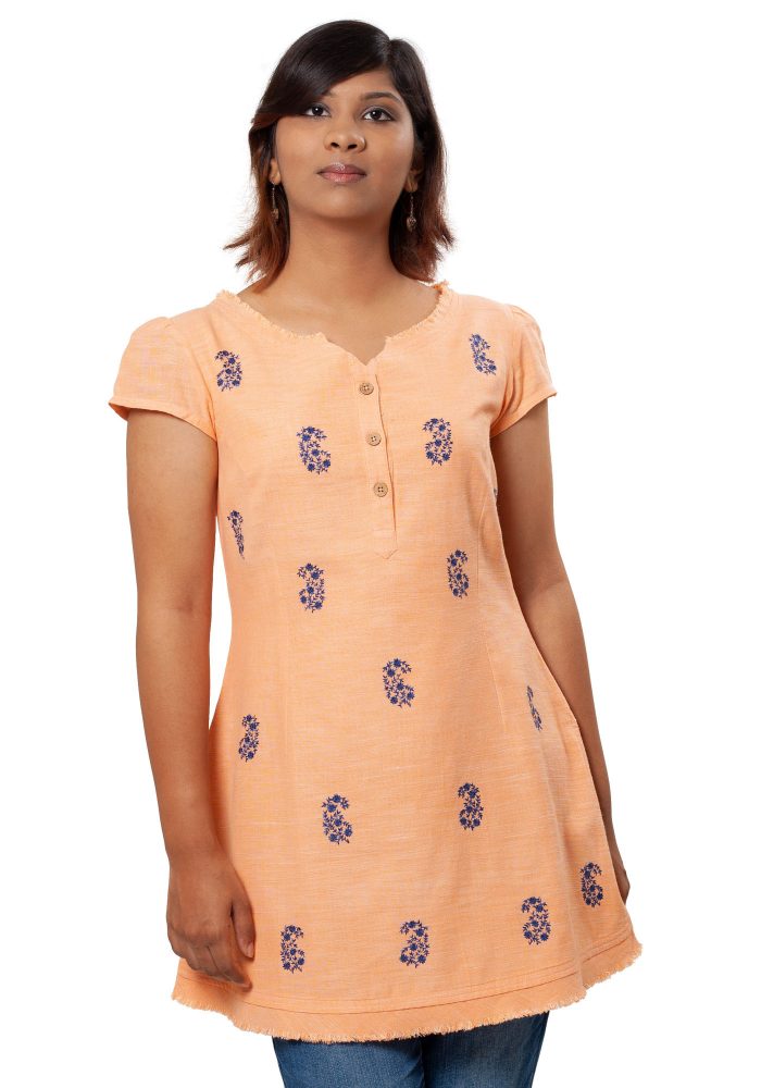 MINC ecofashion Embroidered Kurti in Orange Khadi Cotton