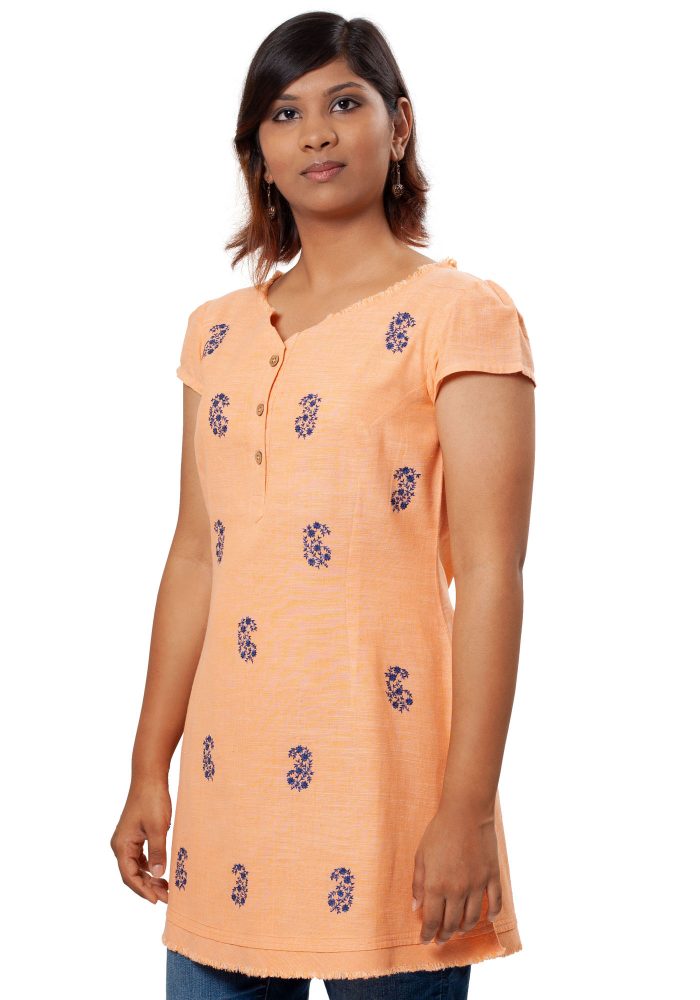MINC ecofriendly couture Embroidered Kurti in Orange Khadi Cotton
