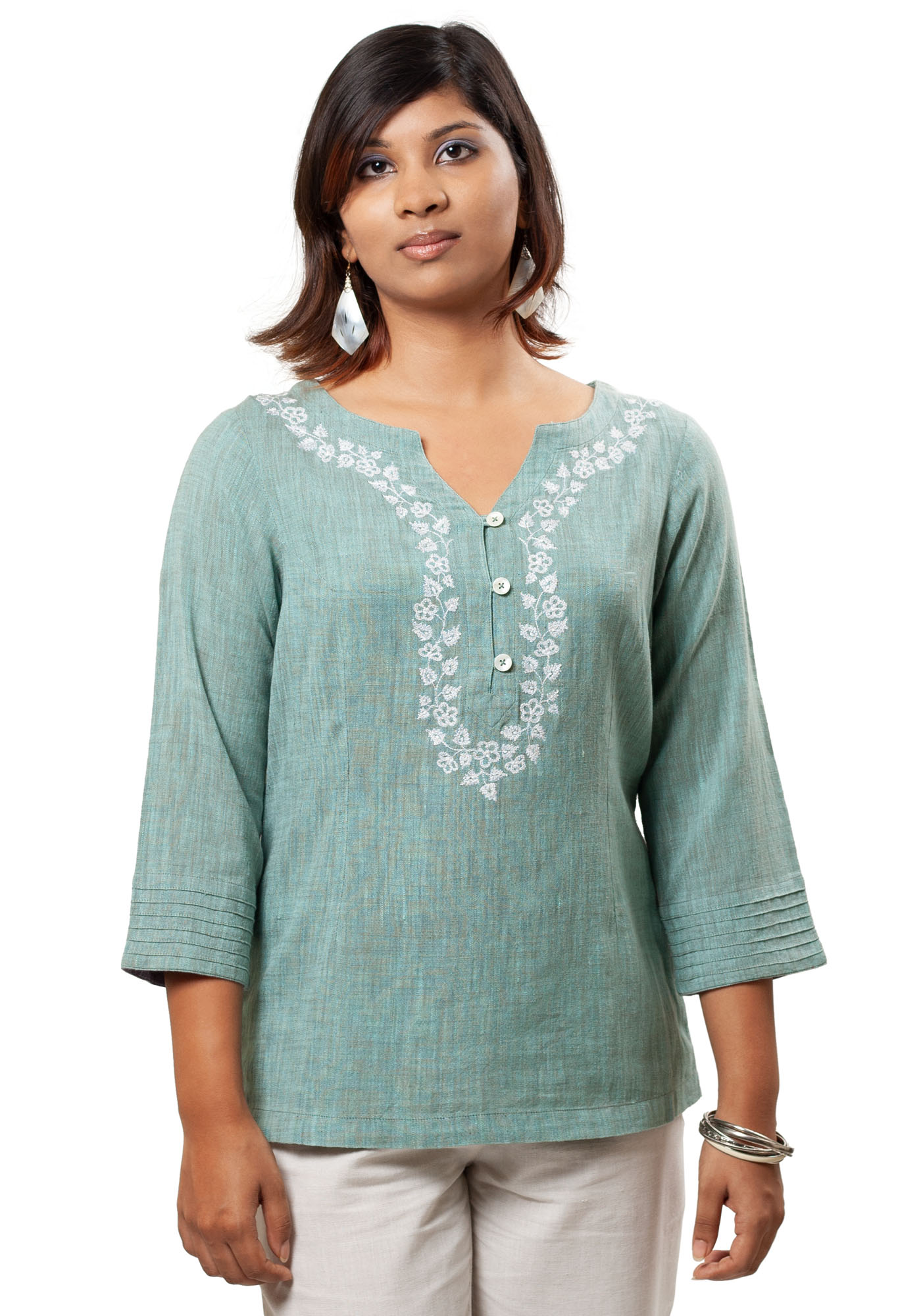 MINC ecofriendly couture fashion Embroidered Khadi Cotton Top in Sea Green
