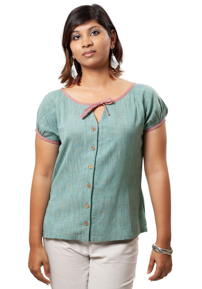 MINC ecofriendly high fashion Jane Peasant Top in Sea Green Khadi Cotton