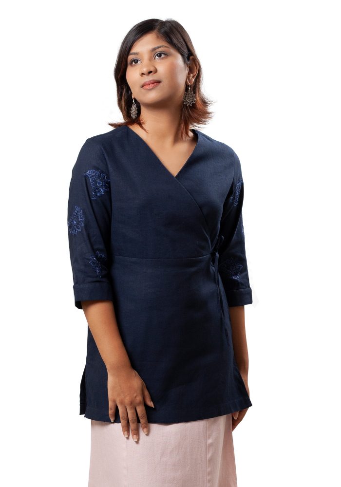 MINC Asymmetric Embroidered Tie Top in Navy Blue Cotton