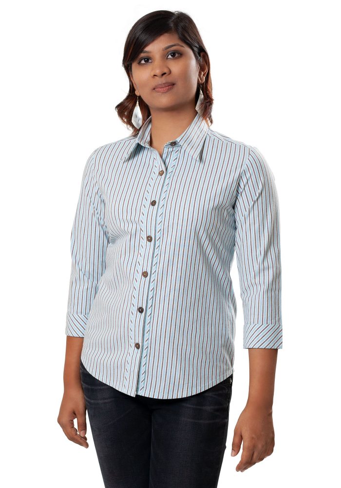 MINC Bias Trim Striped Blue Cotton Shirt